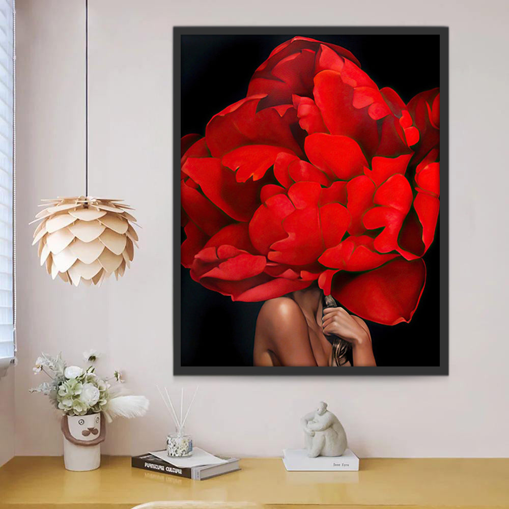 Vrouw met een Grote Rode Bloem Schilderen op Nummers