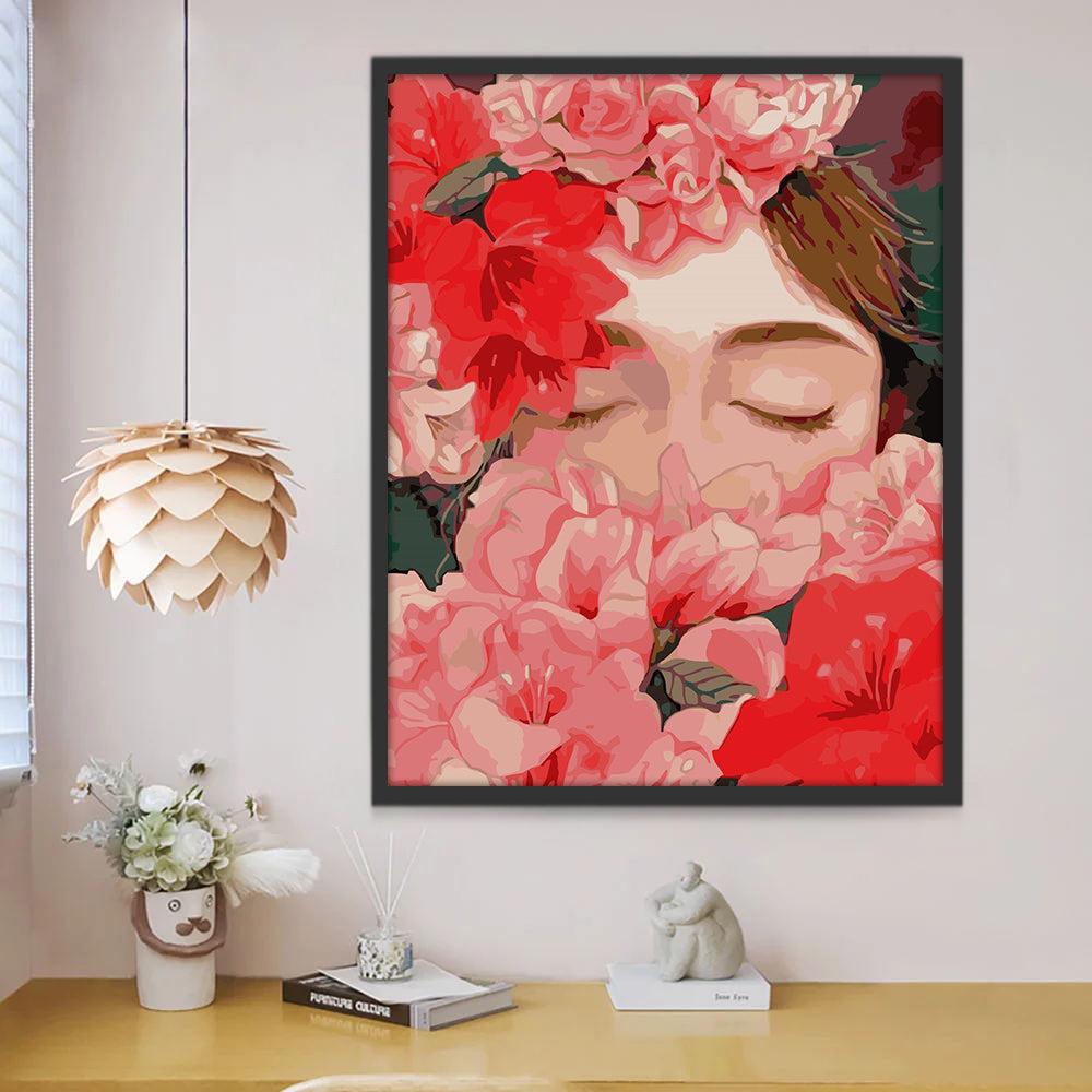 Vrouw met Gesloten Ogen en Rode Bloemen Schilderen op Nummers