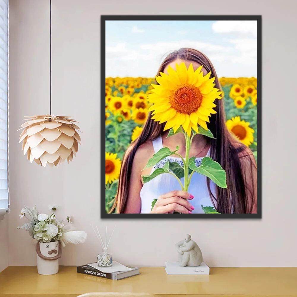 Vrouw Verborgen Achter Zonnebloem Schilderen op Nummers