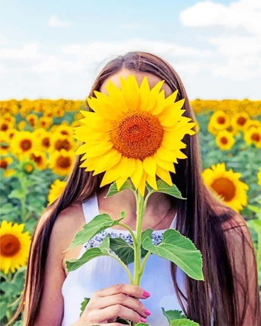 Vrouw Verborgen Achter Zonnebloem Schilderen op Nummers