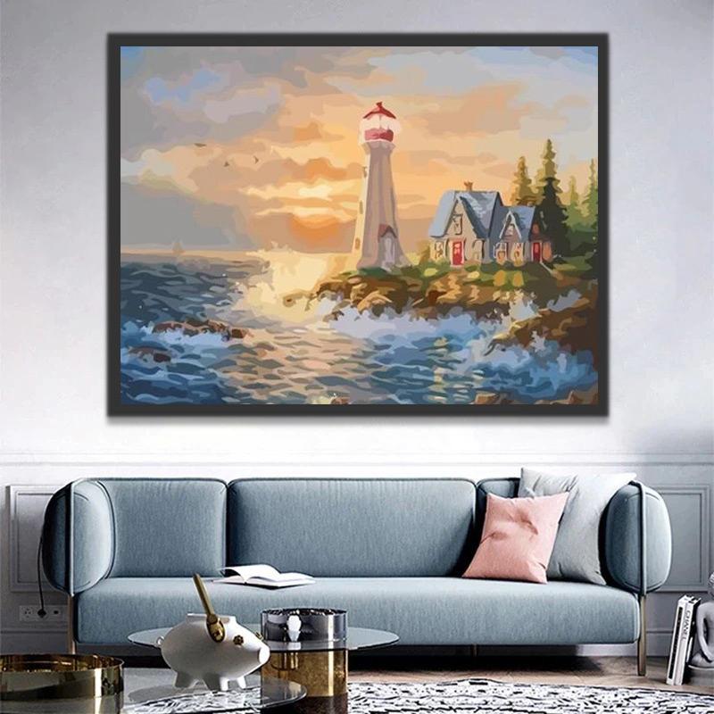 Vuurtoren en Huis met Blauw Dak Schilderen op Nummers