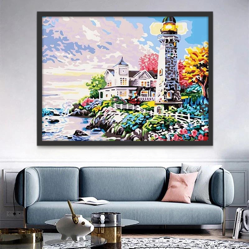 Vuurtoren en Huis omringd door Bloemen Schilderen op Nummers