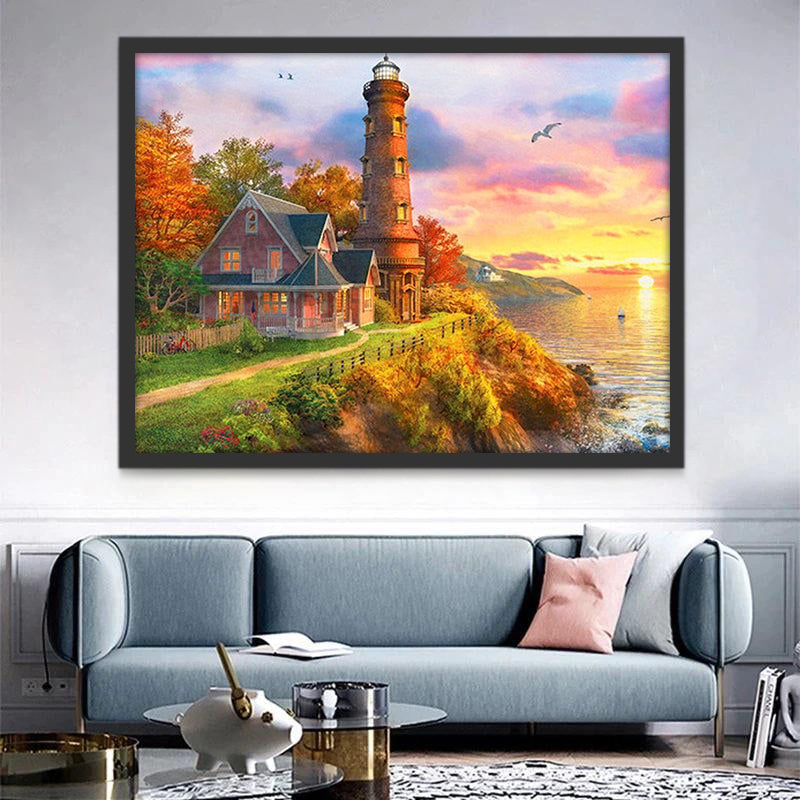 Vuurtoren en Uitzicht op Zee onder een Prachtige Hemel Schilderen op Nummers