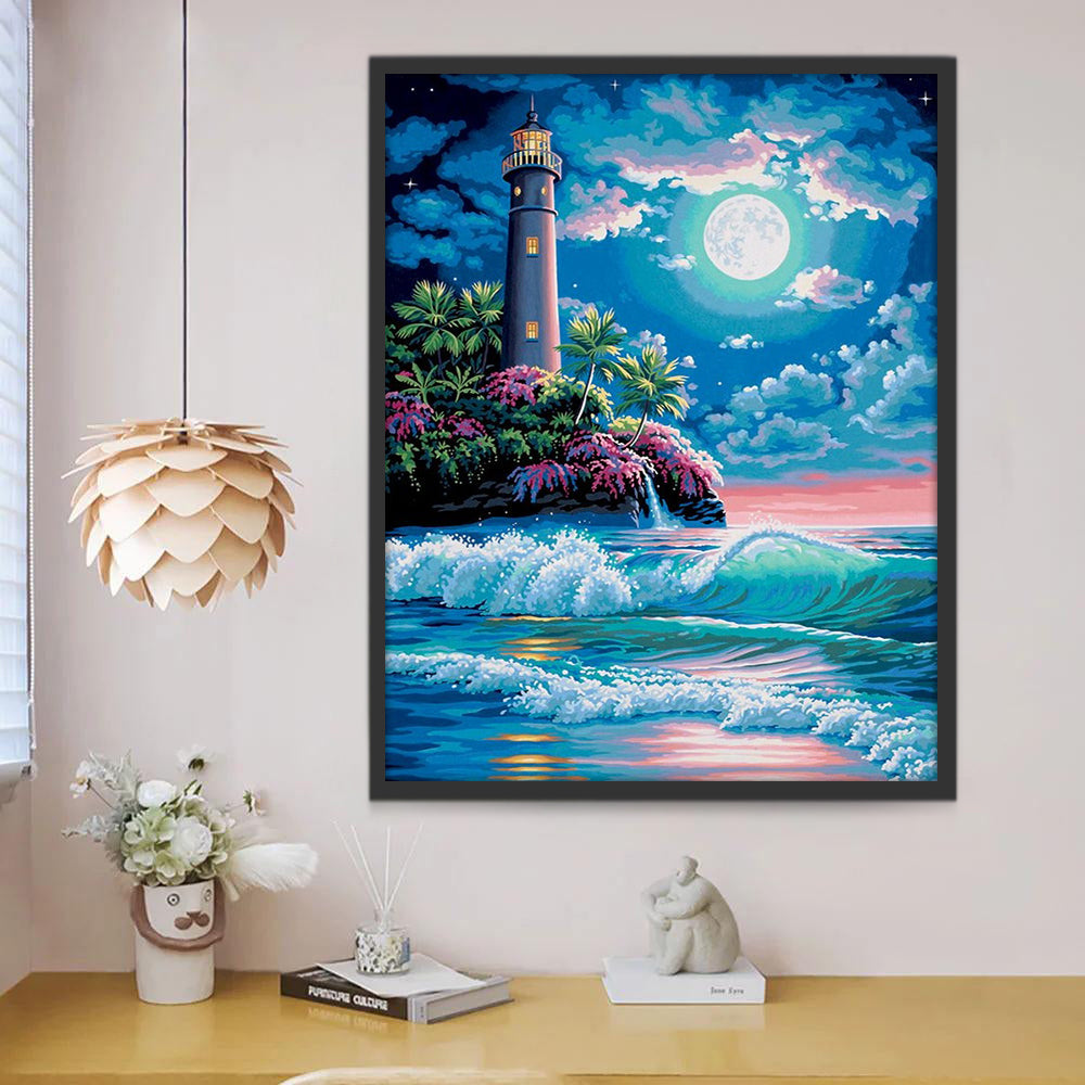 Vuurtoren onder de Volle Maan en de Prachtige Zee Schilderen op Nummers
