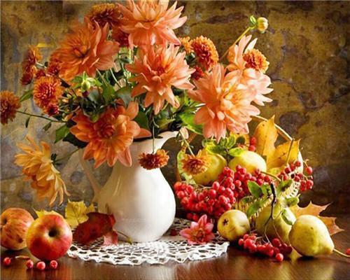 Warm oranje gekleurde bloemen en vruchten Schilderen op Nummers