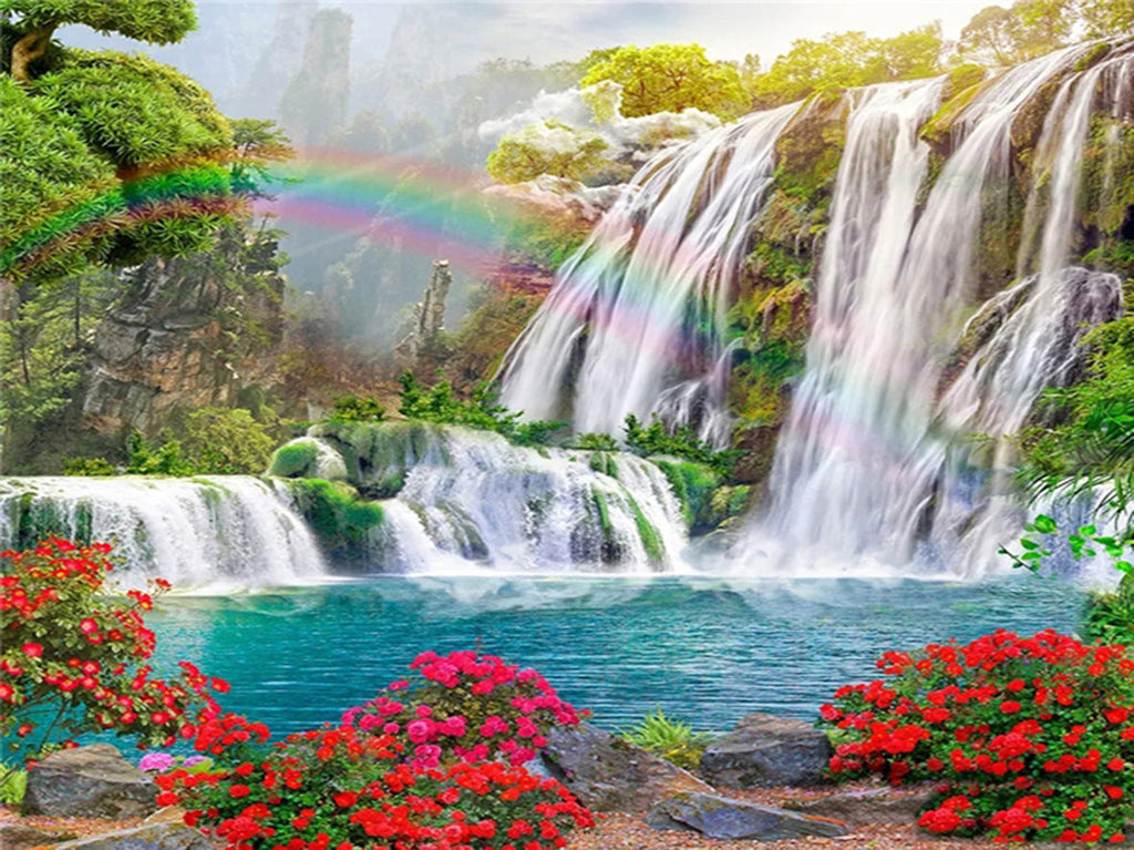 Watervallen en Rode Bloemen onder de Regenboog Schilderen op Nummers