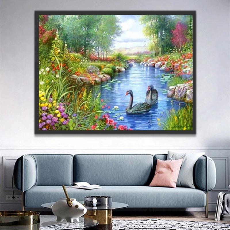 Weelderige Bloemen en Zwanen op de Rivier Schilderen op Nummers