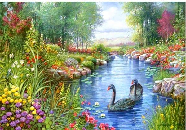Weelderige Bloemen en Zwanen op de Rivier Schilderen op Nummers