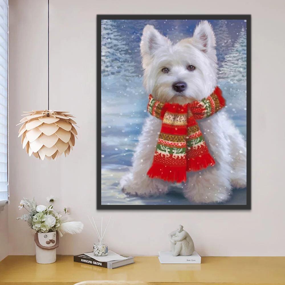 West Highland Terrier met Rode Sjaal in Sneeuw Schilderen op Nummers