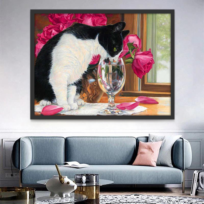 Wijnglas en Kat op Tafel Schilderen op Nummers
