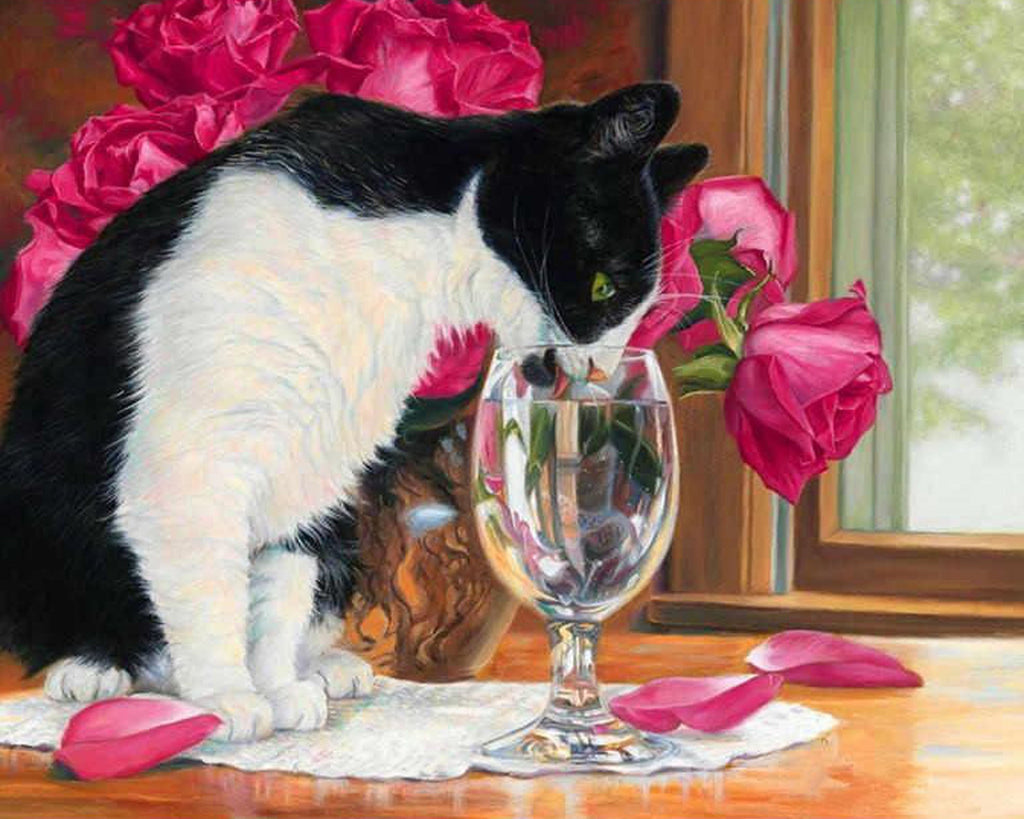 Wijnglas en Kat op Tafel Schilderen op Nummers