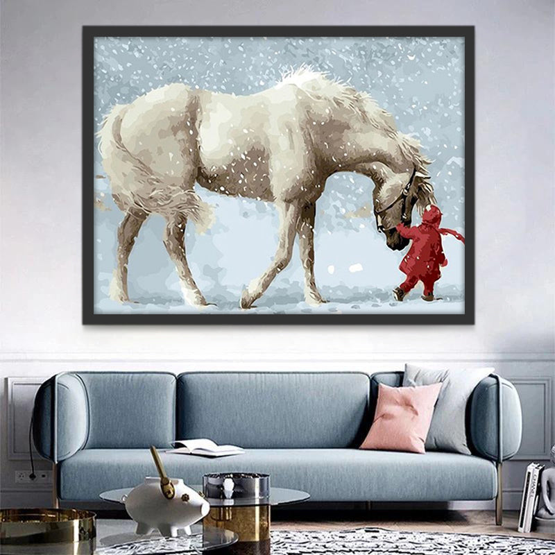 Wit Paard en Kind in de Sneeuw Schilderen op Nummers