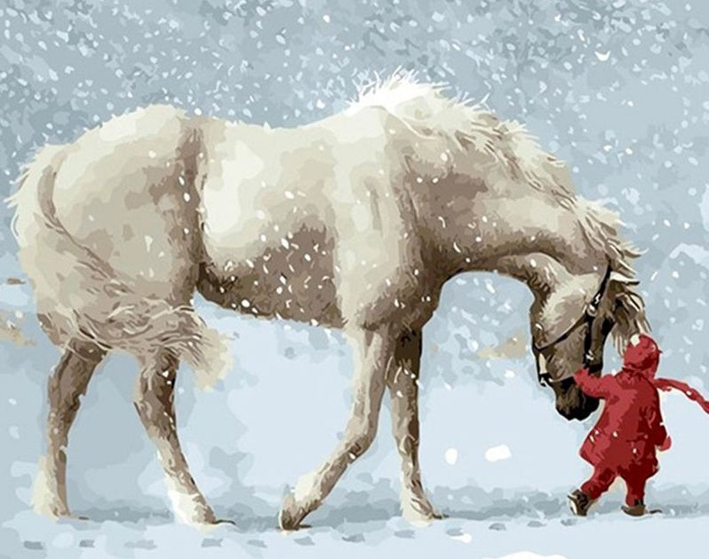 Wit Paard en Kind in de Sneeuw Schilderen op Nummers