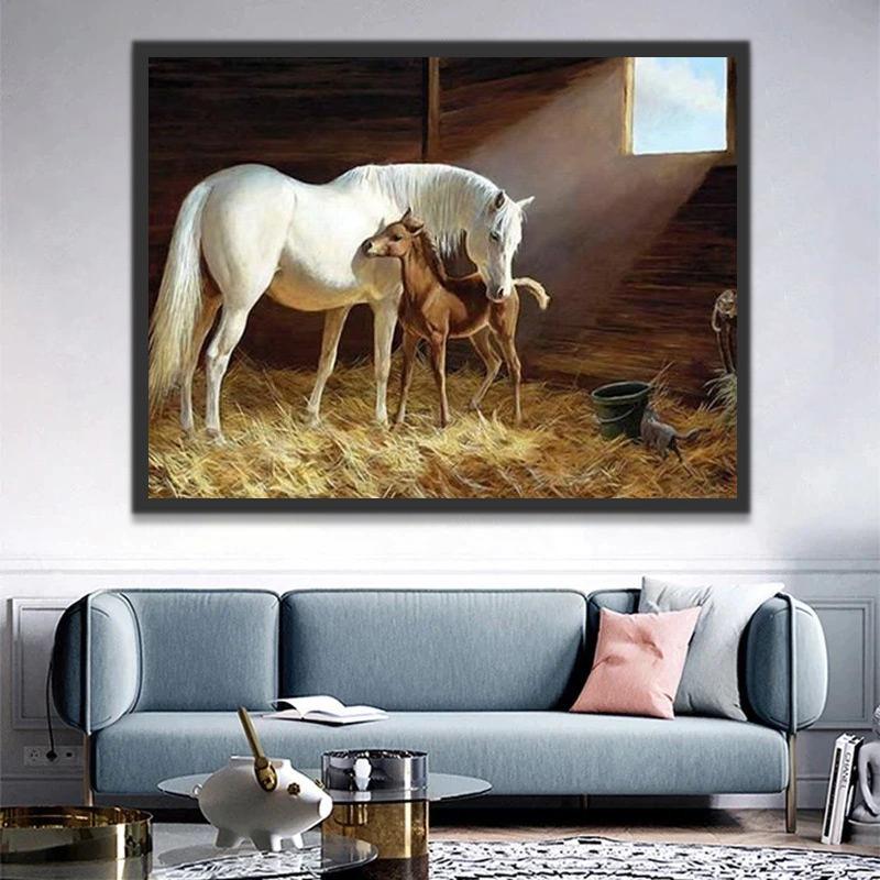 Wit Paard en Klein Bruin Paard Schilderen op Nummers
