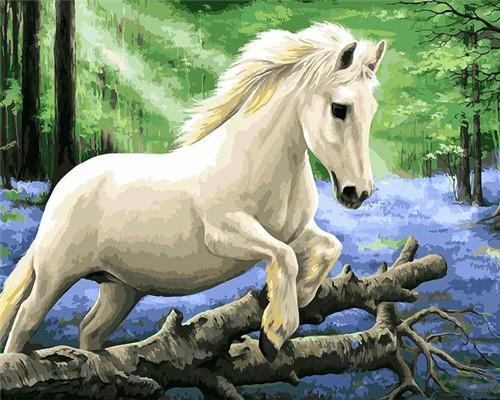 Wit Paard Springt over Tak Schilderen op Nummers
