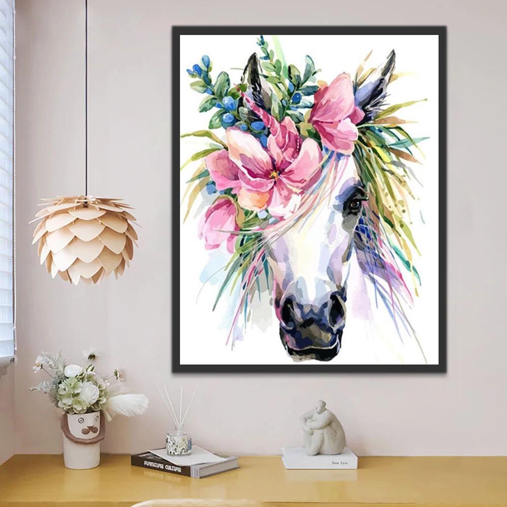 Wit Paardenhoofd met Bloemen Schilderen op Nummers