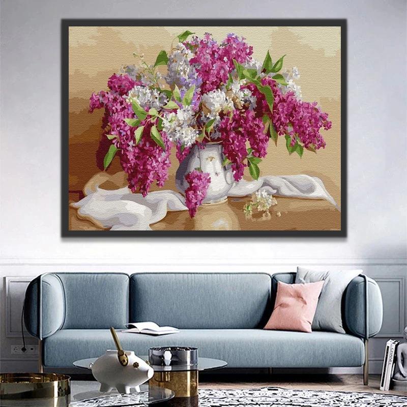 Wit Tafelkleed en Roze en Witte Potbloemen Schilderen op Nummers
