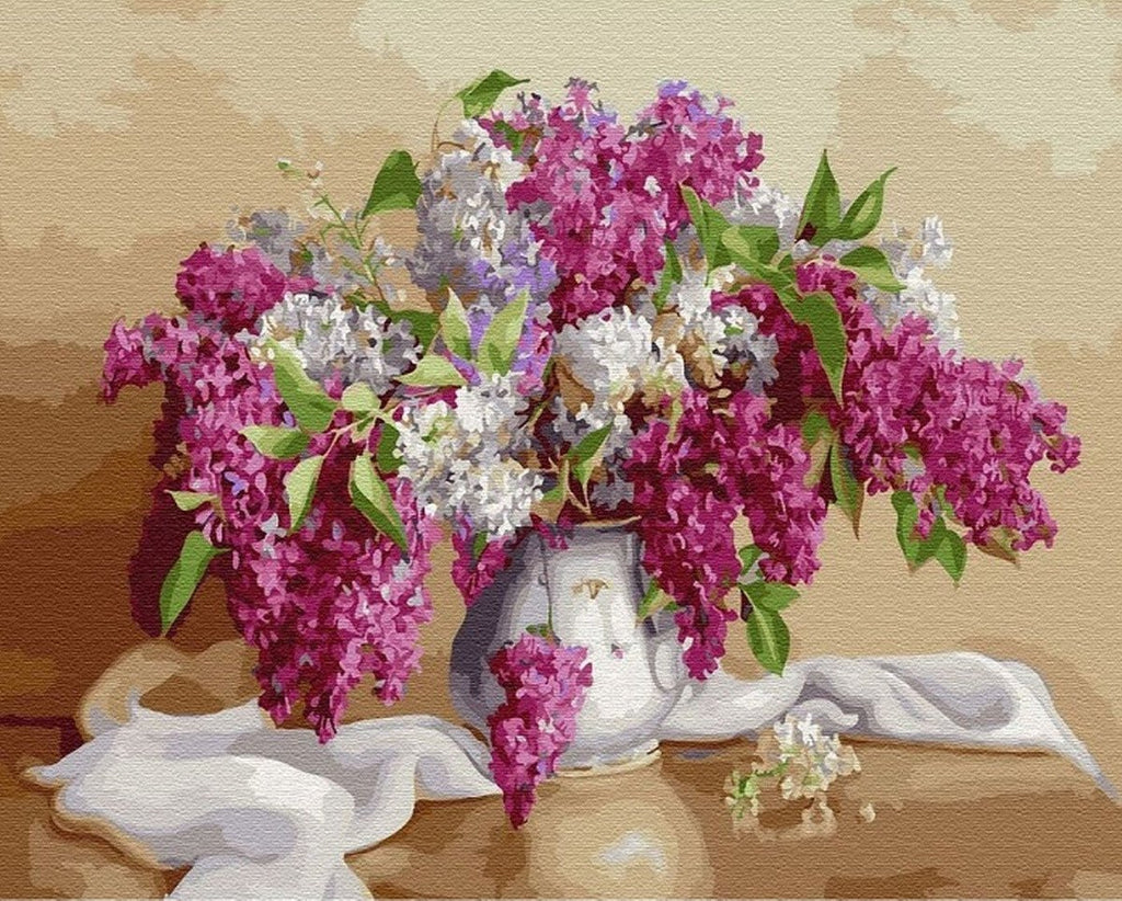 Wit Tafelkleed en Roze en Witte Potbloemen Schilderen op Nummers