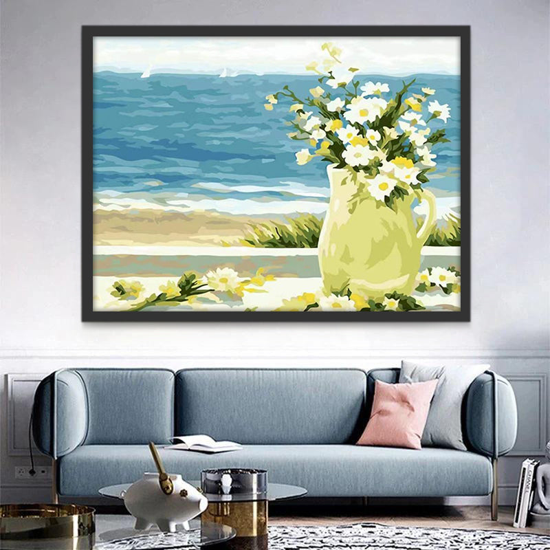 Witte bloemen aan zee Schilderen op Nummers