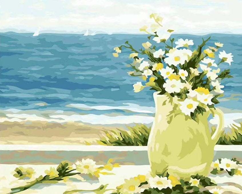 Witte bloemen aan zee Schilderen op Nummers
