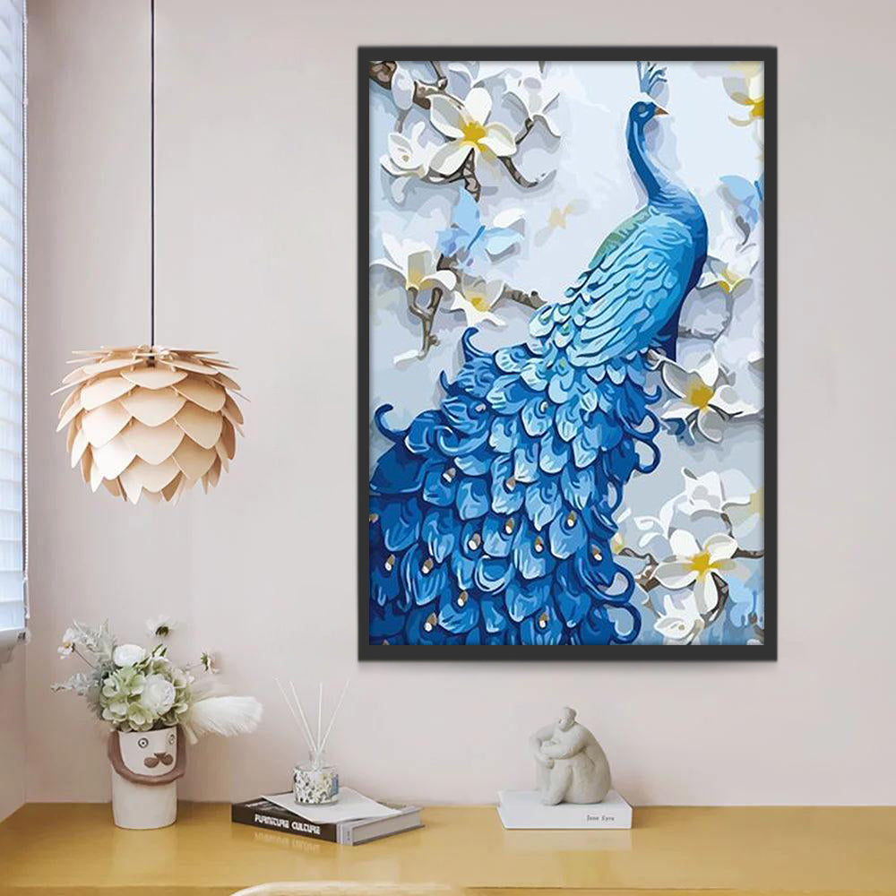 Witte Bloemen en Blauwe Pauw Schilderen op Nummers