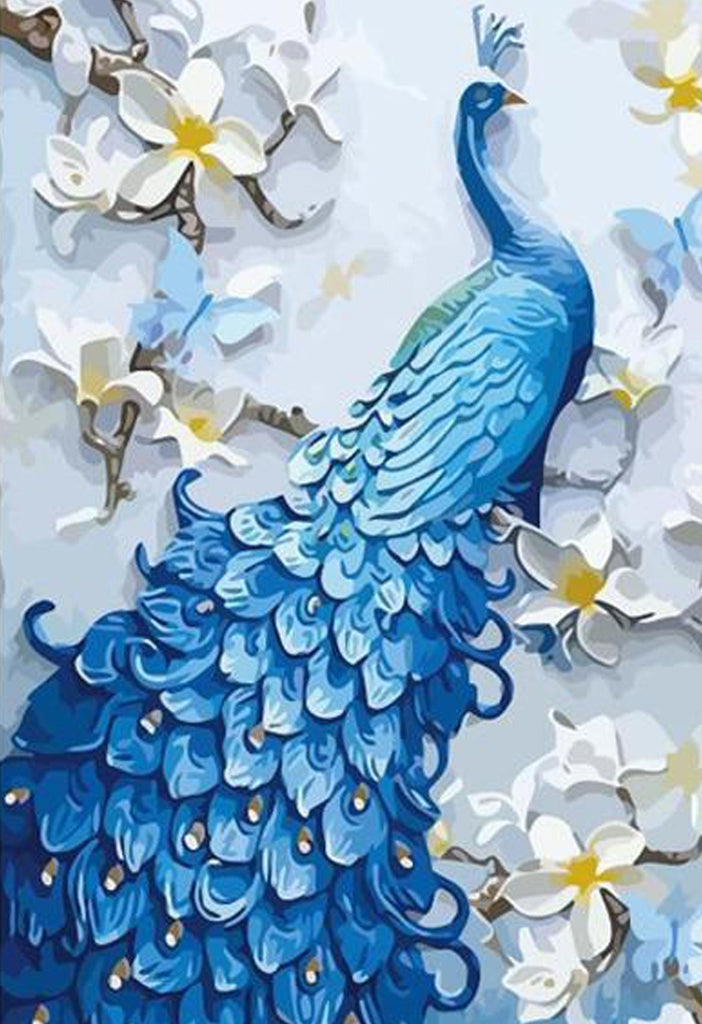 Witte Bloemen en Blauwe Pauw Schilderen op Nummers