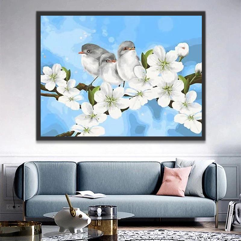 Witte Bloemen en Vogels op Takken Schilderen op Nummers