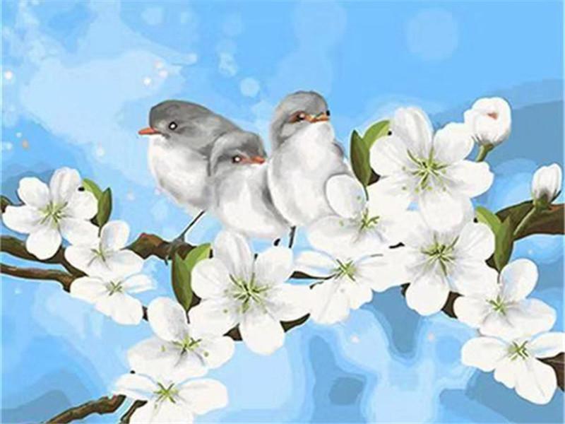 Witte Bloemen en Vogels op Takken Schilderen op Nummers