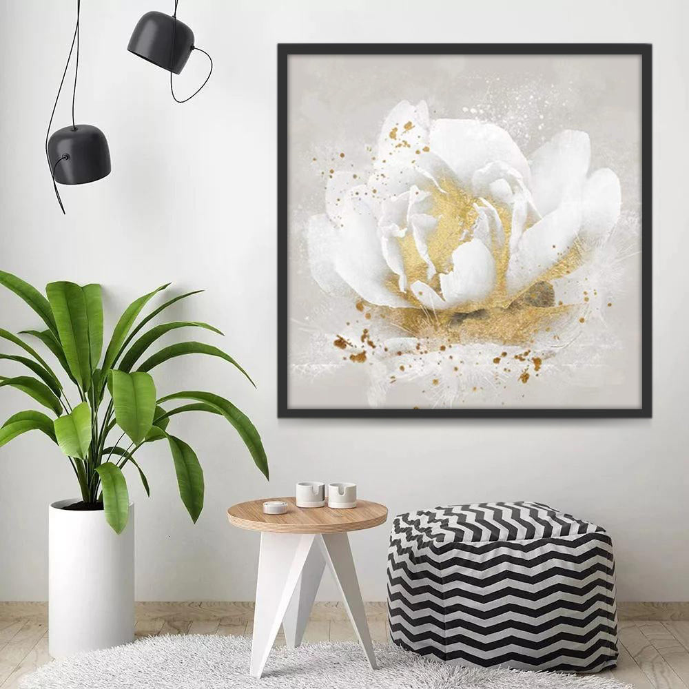 Witte bloemen met bladgoud Schilderen op Nummers