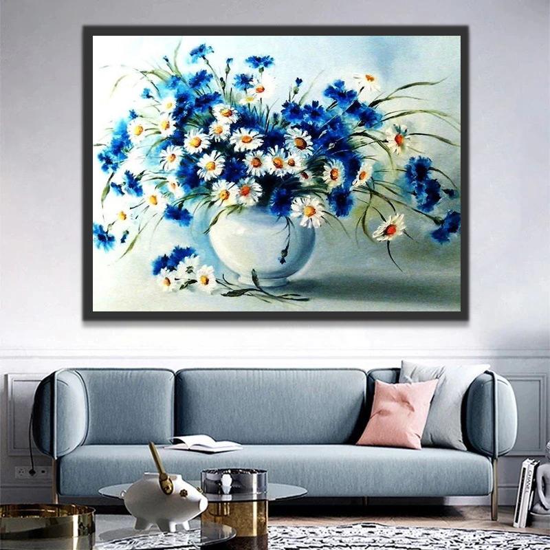 Witte Chrysanten en Blauwe Bloemen Schilderen op Nummers