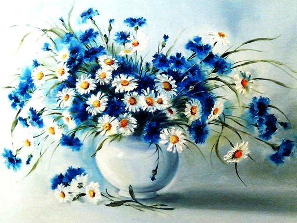 Witte Chrysanten en Blauwe Bloemen Schilderen op Nummers