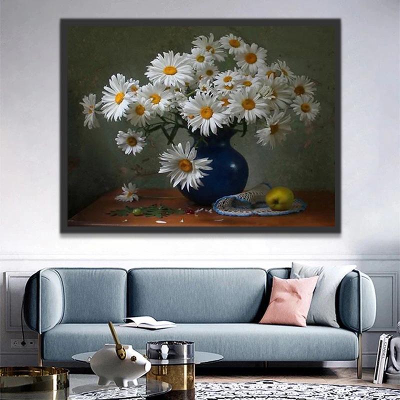 Witte Chrysanten en Fruit op Tafel Schilderen op Nummers