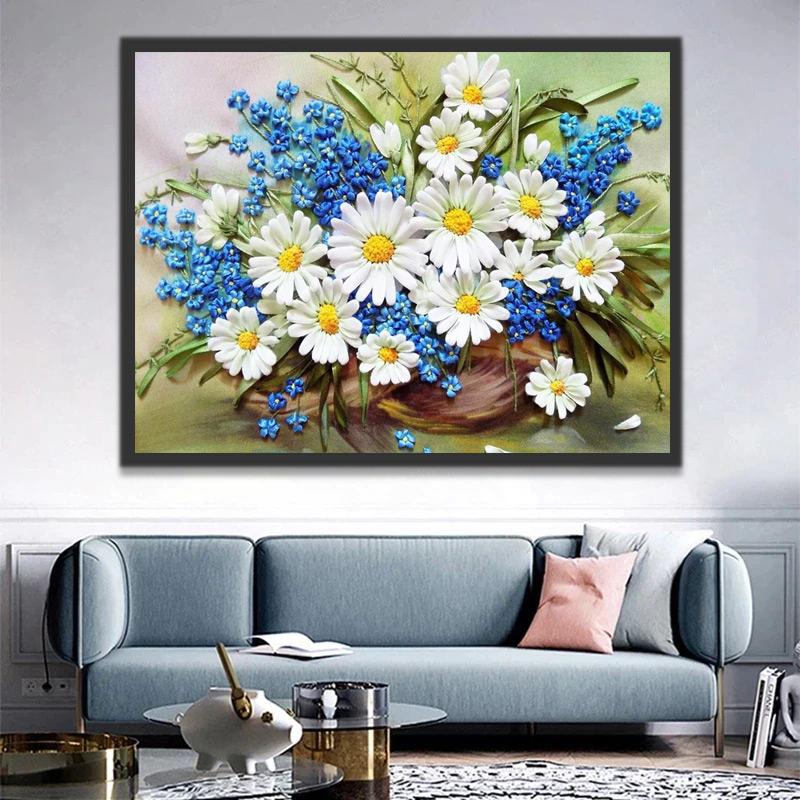 Witte Chrysanten en Kleine Blauwe Bloemen in een Strooien Hoed Schilderen op Nummers