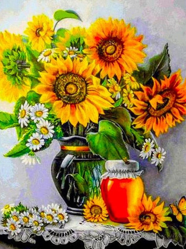 Witte Chrysanten en Zonnebloemen Schilderen op Nummers