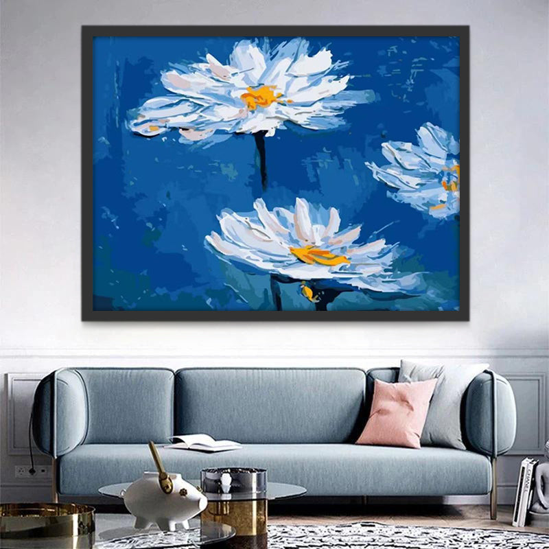 Witte Chrysanten op een Blauwe Achtergrond Schilderen op Nummers
