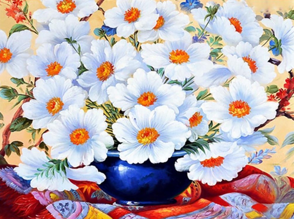 Witte Chrysanten op een Klassiek Tafelkleed Schilderen op Nummers