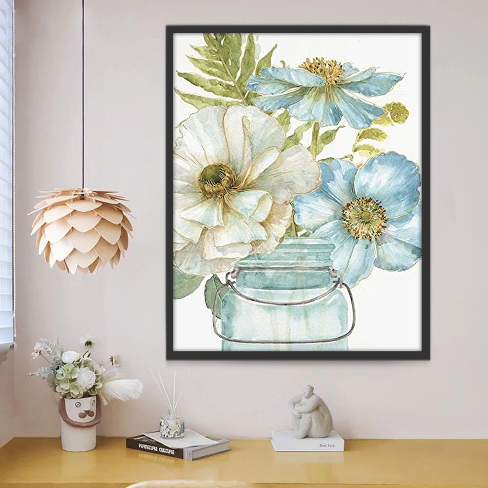 Witte en blauwe bloemen in inktstijl Schilderen op Nummers