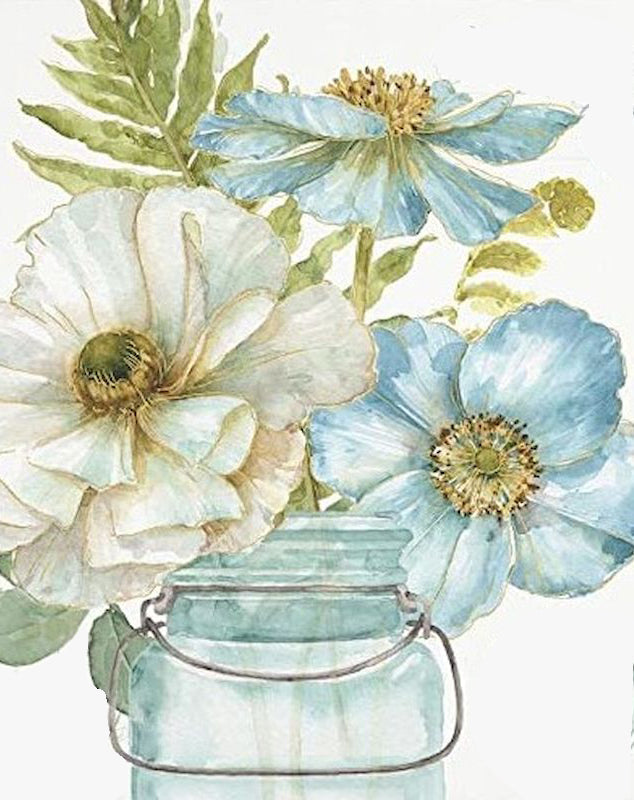 Witte en blauwe bloemen in inktstijl Schilderen op Nummers