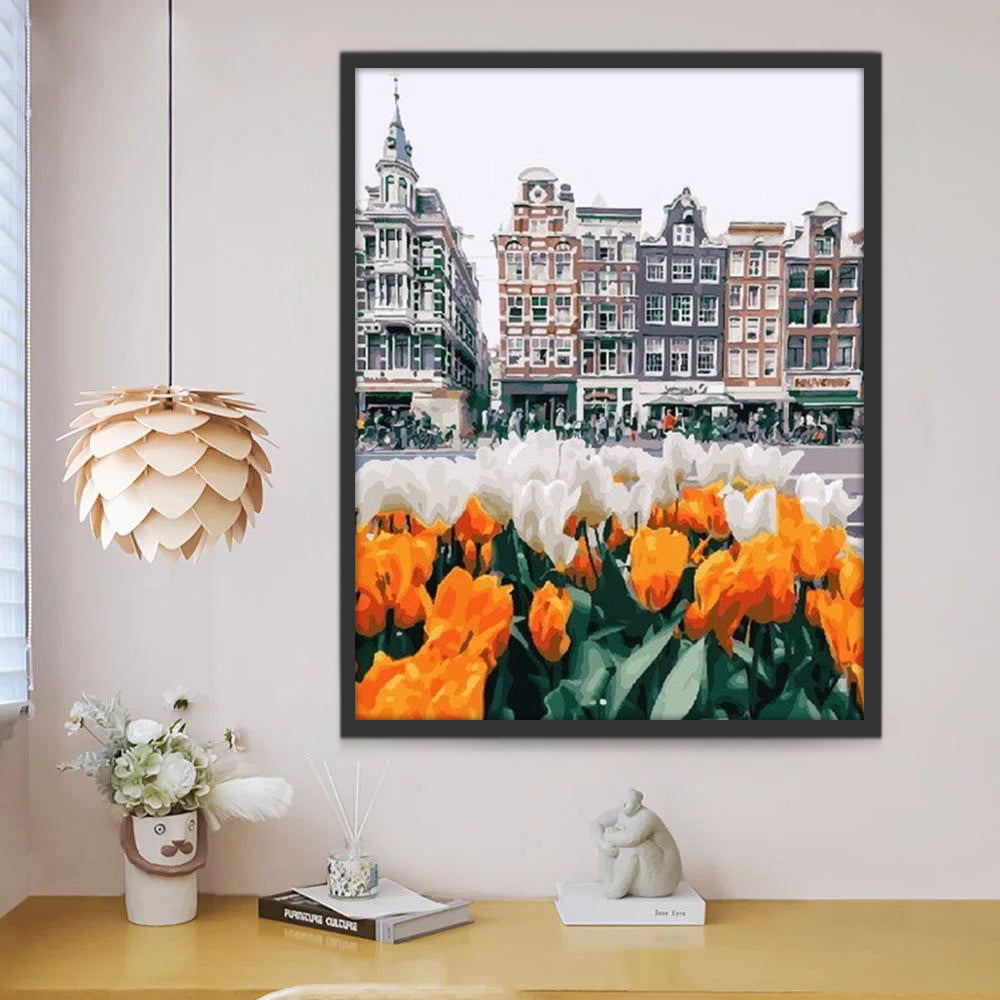 Witte en Oranje Tulpen langs de Weg Schilderen op Nummers