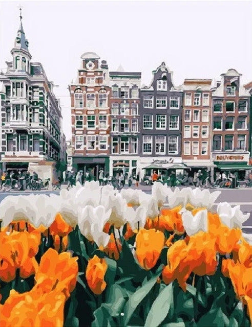 Witte en Oranje Tulpen langs de Weg Schilderen op Nummers