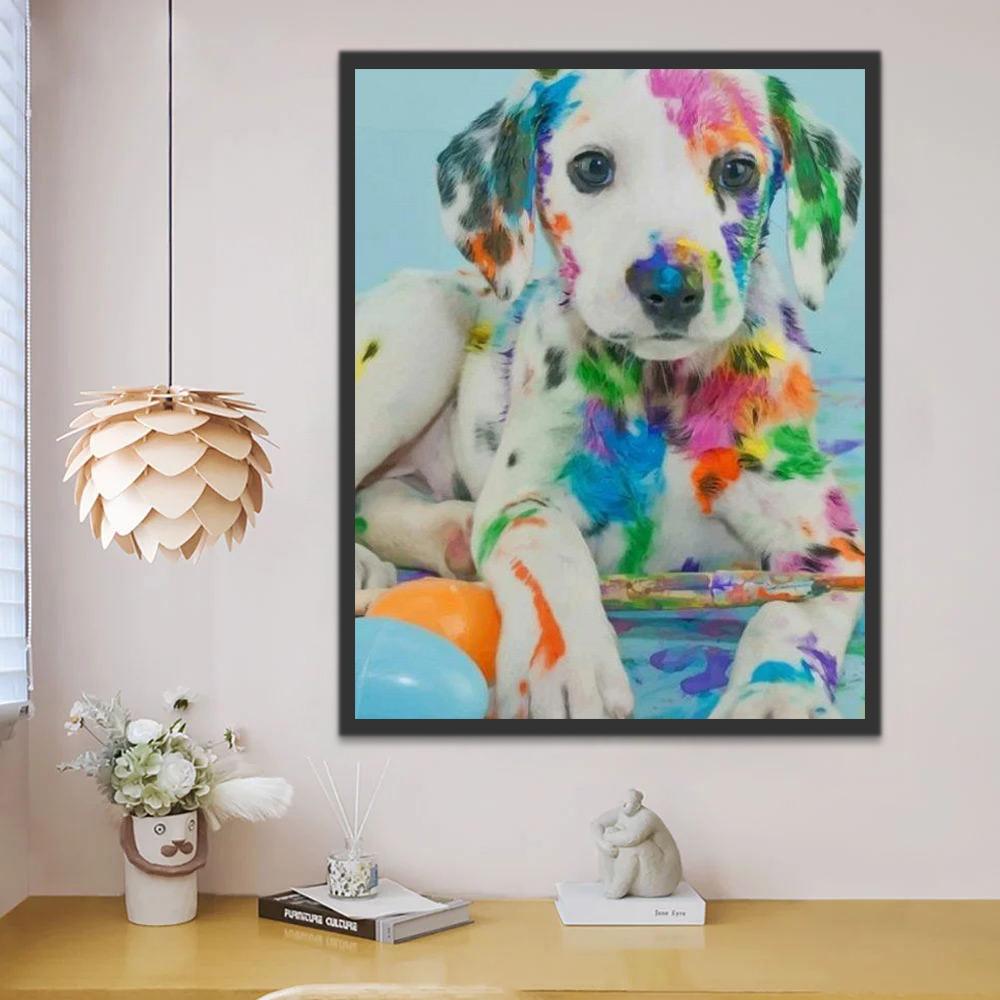 Witte Hond met Gekleurde Verf Schilderen op Nummers
