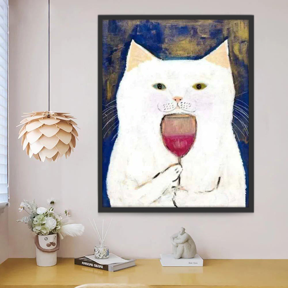 Witte Kat met een Glas Rode Wijn Schilderen op Nummers