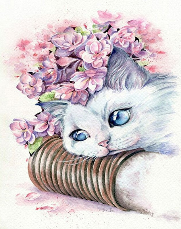 Witte Kat met Roze Krans Schilderen op Nummers