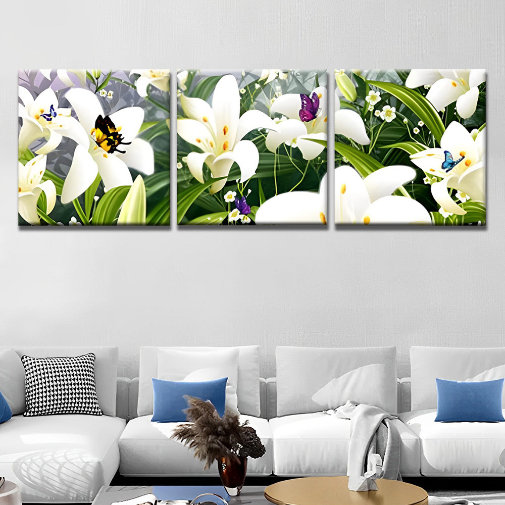 Witte Lelies en Kleurrijke Vlinders 3 Platen Schilderen op Nummers