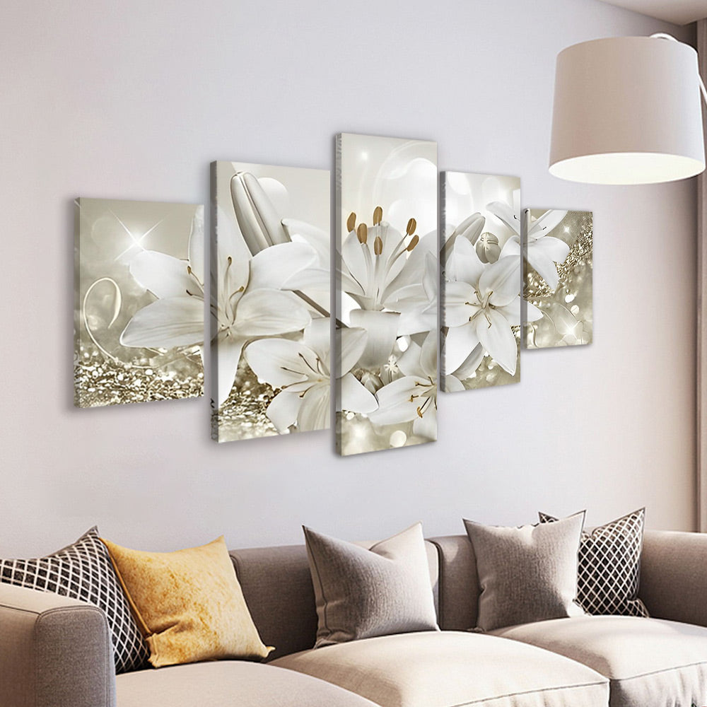 Witte Lelies met Gouden Meeldraden 5 Platen Schilderen op Nummers