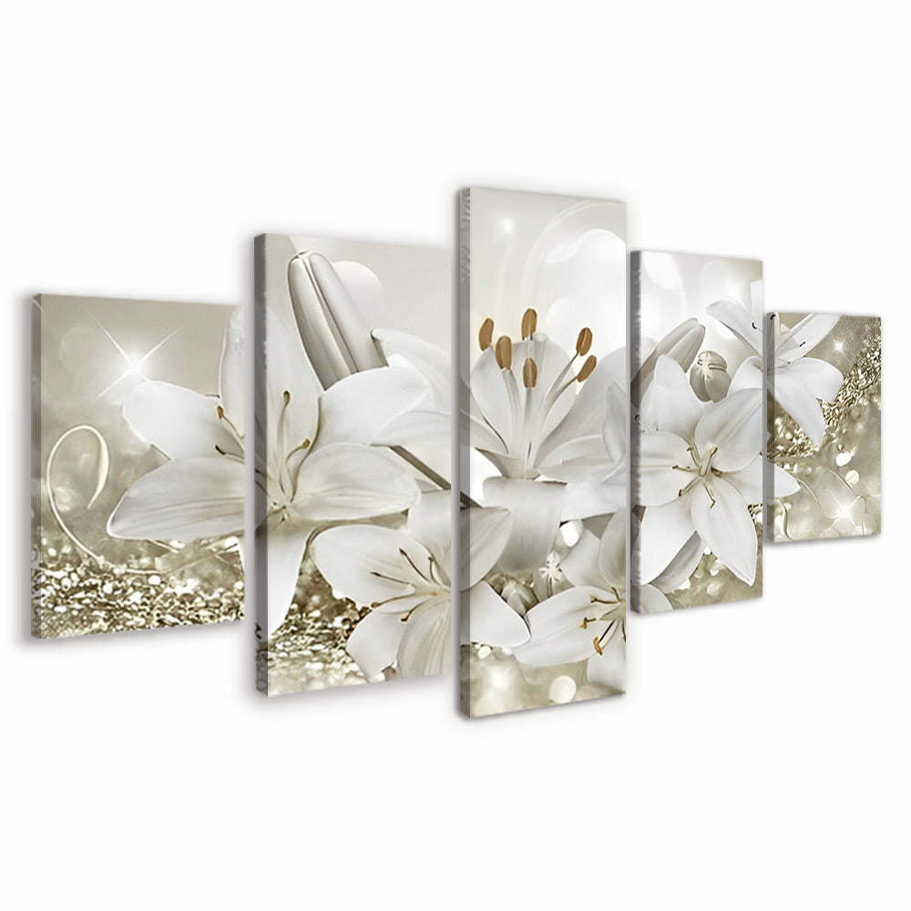 Witte Lelies met Gouden Meeldraden 5 Platen Schilderen op Nummers