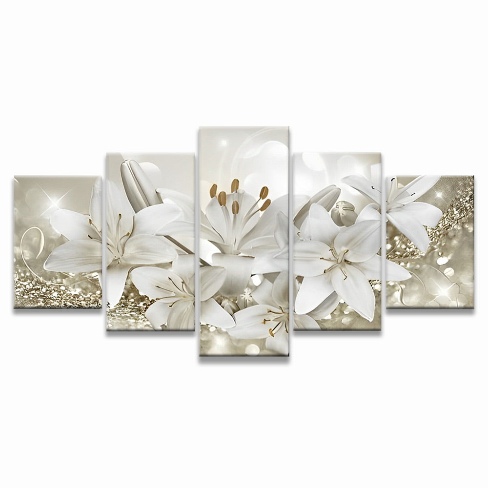 Witte Lelies met Gouden Meeldraden 5 Platen Schilderen op Nummers