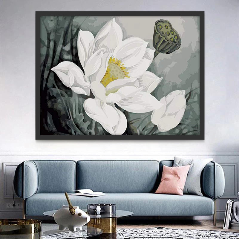 Witte Lotusbloem en Lotuszaadhoofd Schilderen op Nummers