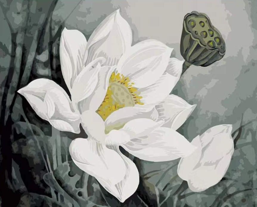 Witte Lotusbloem en Lotuszaadhoofd Schilderen op Nummers