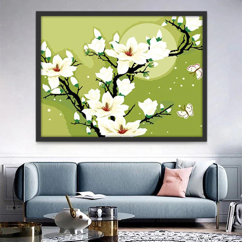 witte magnolia's onder een groene achtergrond Schilderen op Nummers